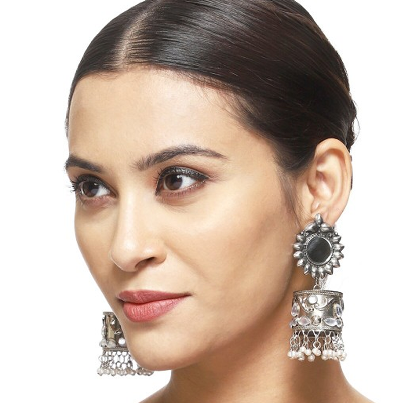 Silver-Toned Contemporary Jhumki Earrings